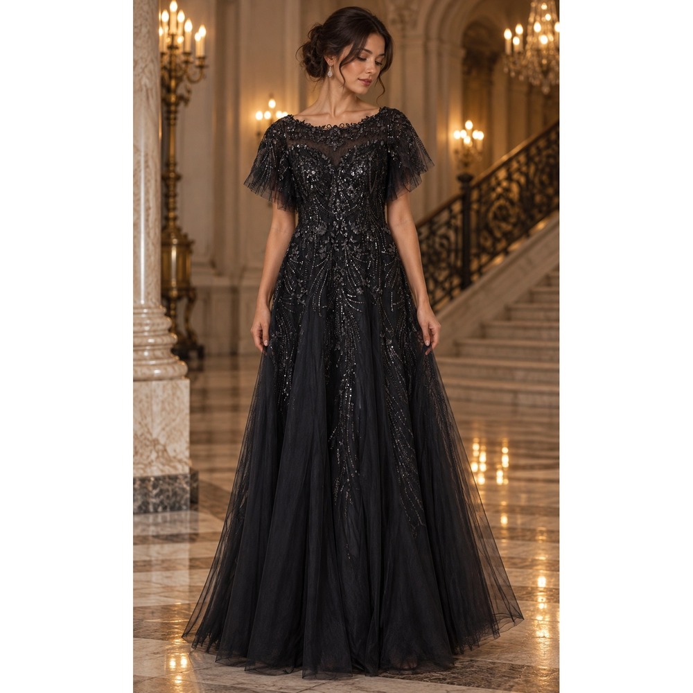 JJ's House Black Sequin Lace Tulle Formal Gown Dark Romantic Flutter Sleeve